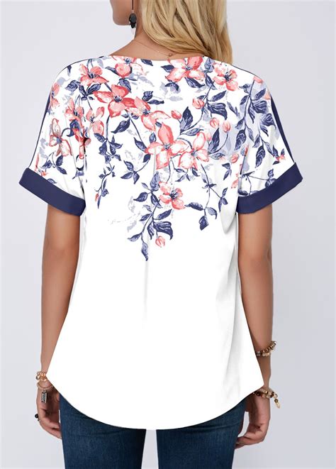 Floral Print Split Neck Contrast Piping Blouse