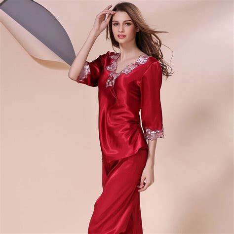 New Style Women Silk Pajamas Sets 2018 Spring Summer Design Elegant Lace Embroidered Female