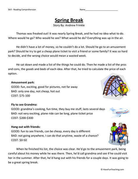 Free printable reading comprehension worksheets for grade 1. Spring Break Reading Comprehension Worksheet | Have Fun ...