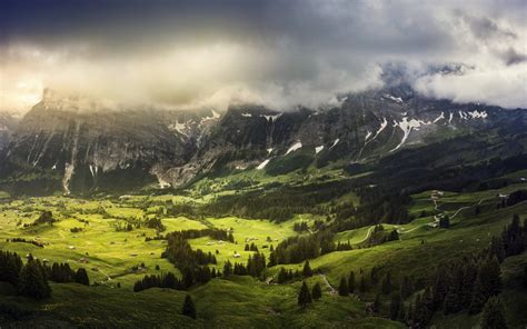2880x1800 Landscape Nature Mountain Switzerland Trees Clouds Valley