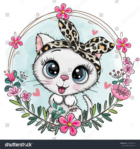Cute Cartoon White Kitten Floral Wreath Stock Vector Royalty Free