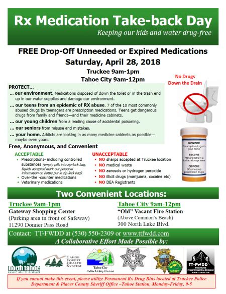 Free Prescription Medication Take Back Day Tt Fwdd Lake Tahoe Events