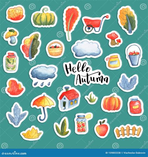 Hello Autumn Watercolor Sticker Set Autumn Themed Icons With Orange