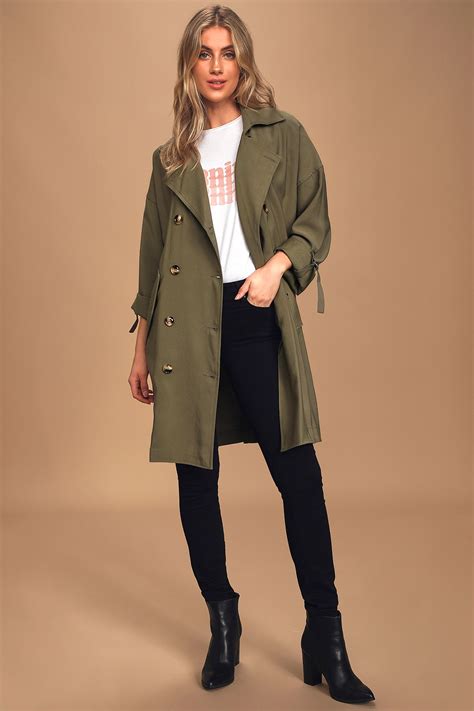 Olive Green Coat Lightweight Trench Coat Double Breasted Coat Lulus