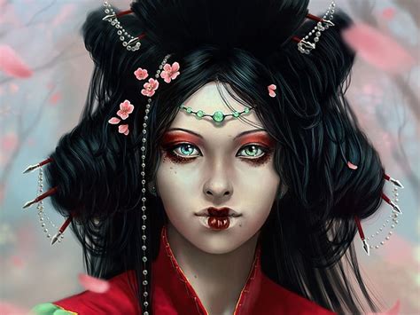 Geisha Red Art Luminos Black Woman Fantasy Girl Flower Asian