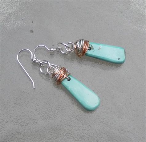 Wire Wrapped Turquoise Earrings Carved Turquoise Copper Etsy Wire
