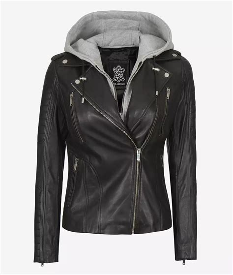 Womens Leather Jacket With Hood Black Asymmetrical