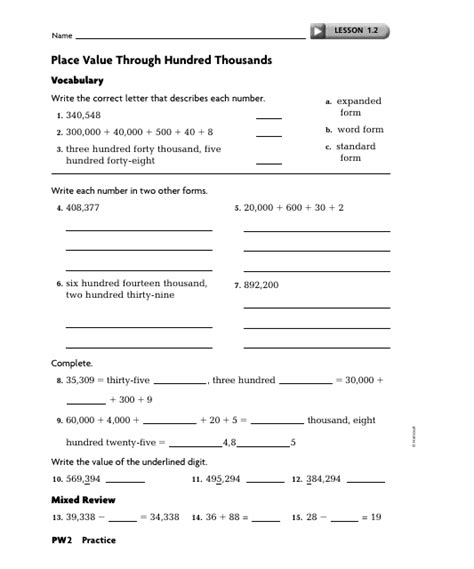 Place Value Through Hundred Thousands Worksheet With Answer Key