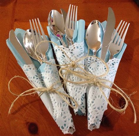 Paper Napkins Wrapped In Doilies With Twine Flatware Wrap Tea Party