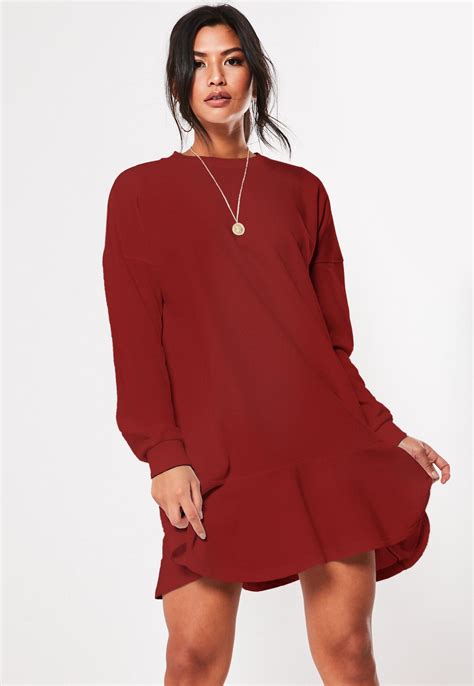 Burgundy Frill Hem Sweater Dress Missguided