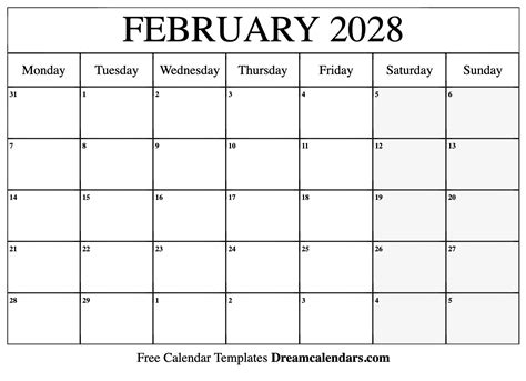 February 2028 Calendar Free Blank Printable With Holidays