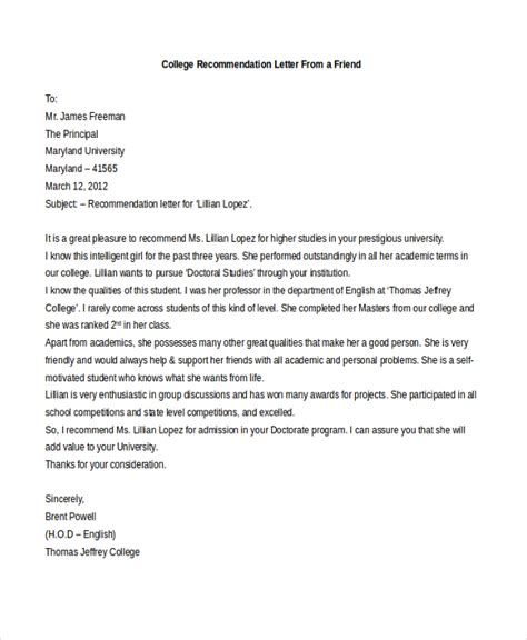 Free 8 Sample College Letters Of Recommendation In Pdf Ms Word