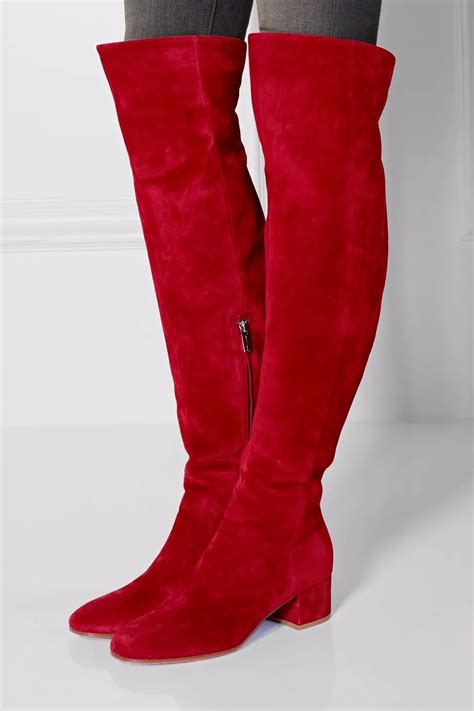 sexy red suede leather over knee boots womens round toe thick heels woman fashion tight high