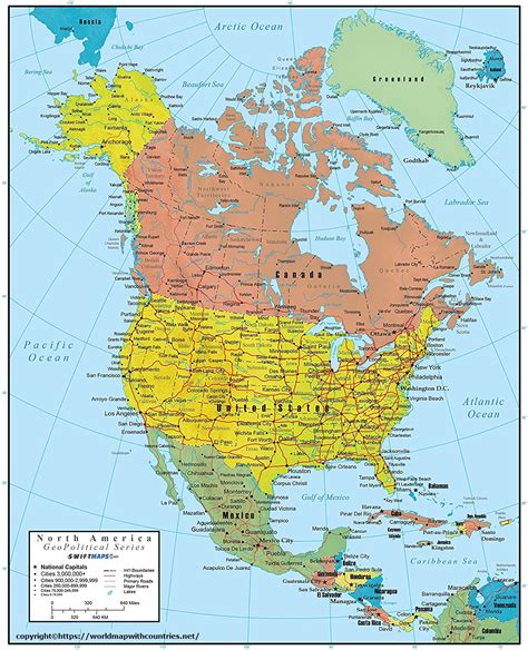 4 Free Political Printable Map Of North America With Countries In Pdf