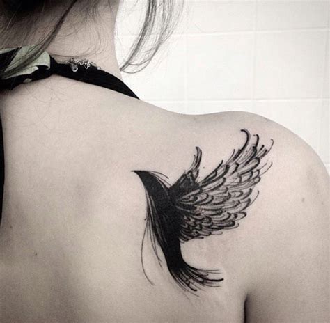 Black Colored Bird Sketch Tattoo Design On Shoulder Blade