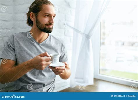 Man Drinking Coffee At Home In Morning Stock Image Image Of