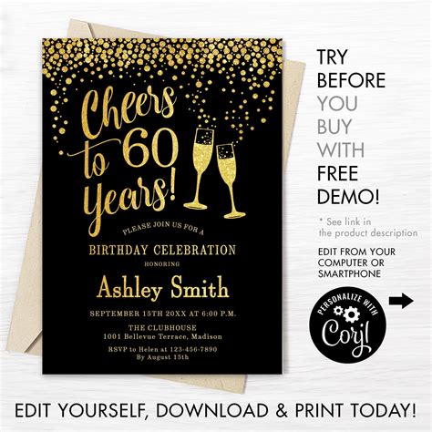 60th Birthday Invitation Instant Download Digital Template Etsy Uk