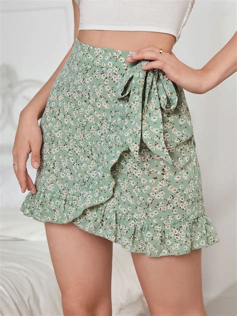Shein Vcay Wrap Tie Side Ditsy Floral Skirt Trendy Skirts Fancy