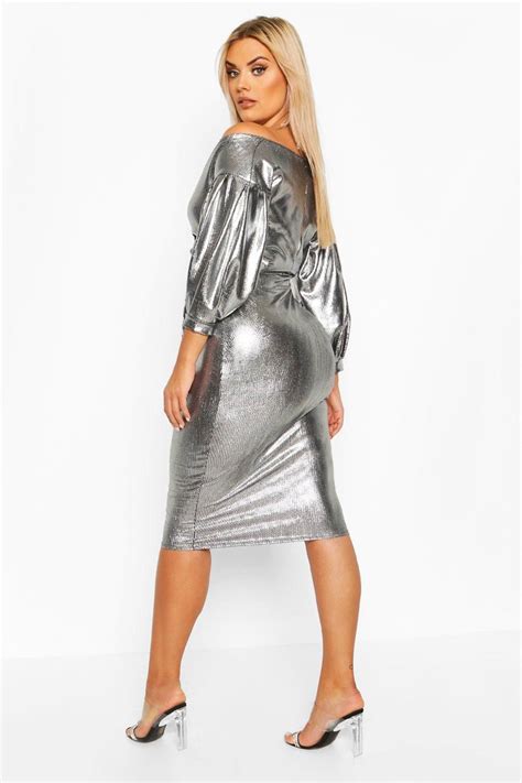 Womens Plus Metallic Off The Shoulder Midi Dress Grey 22 Dresses