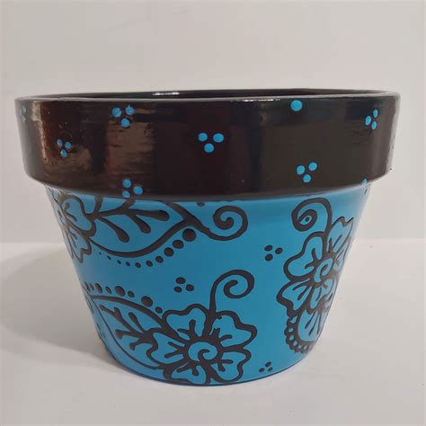 6 Hand Painted Terra Cotta Flower Pot Cerulean Blue Etsy Terracotta