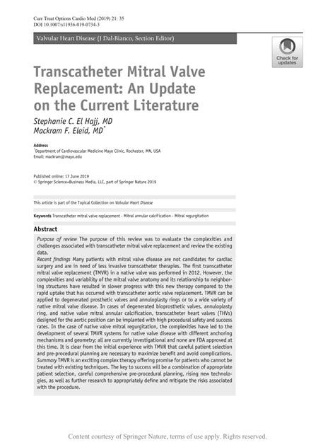 Transcatheter Mitral Valve Replacement An Update On The Current