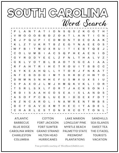South Carolina Printable Word Search Puzzle Word Search Addict