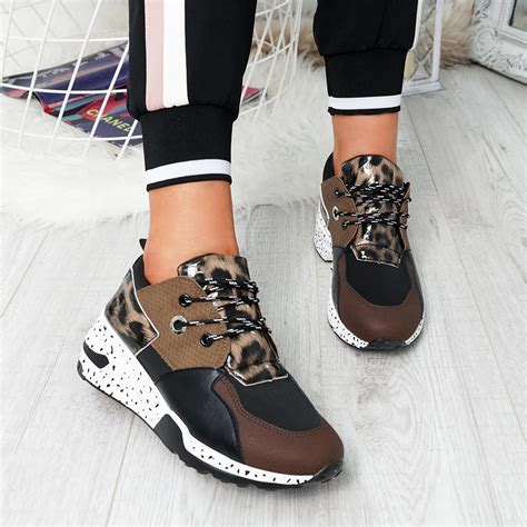 Womens Ladies Lace Up Animal Print Sneakers Running Casual Comfy