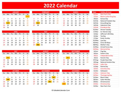 2021 2022 calendar printable template including week number, available in pdf, word, excel, png format, free download or print. 2022 Printable Calendar with Holidays