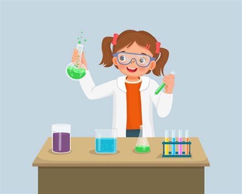 Cute Little Girl Scientist With Safety Goggles Holding Chemical Liquid