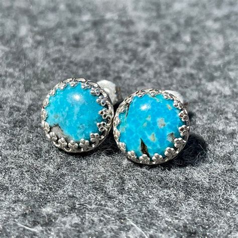 Genuine Turquoise Stud Earrings Blue Stone Earrings With Etsy