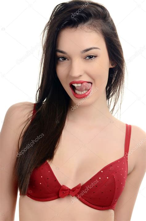 Sexy Frau In Rotem Bh Sexy Mit Herausgestreckter Zunge Attraktives