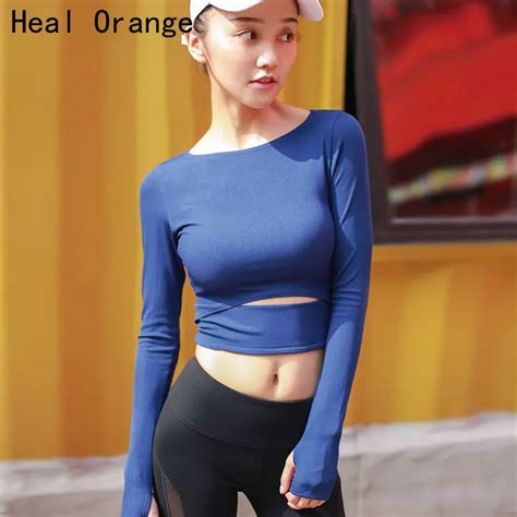 Heal Orange Women Sexy Sports Top Yoga Shirts Fitness Crop Long Sleeve Solid Running Shirt Sport