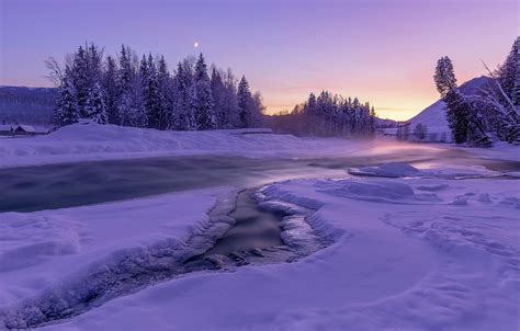 Wallpaper Winter Forest The Sky Snow Sunset Nature River Lilac