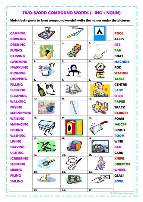 Two-word compound words (-ing ) worksheet - Free ESL printable