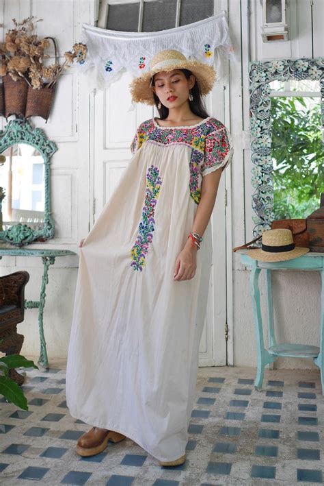 Vintage Mexican Dress With Floral Embroidery Mexican Dresses Mexican