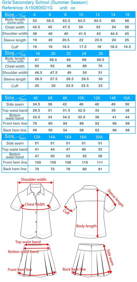 Secondary School Uniforms Size Chart