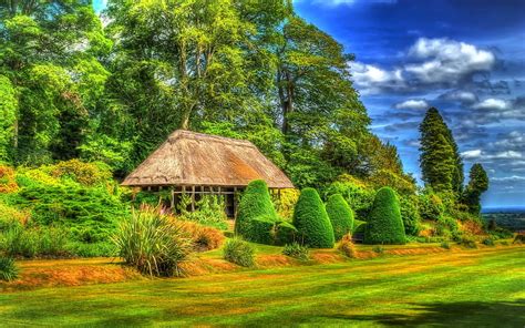 Hut On Green Forest Green Hut Clouds Trees Nature Grass Forest