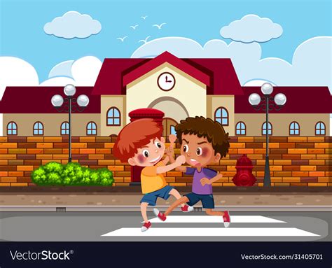 Scene With Two Boys Fighting On Street Royalty Free Vector