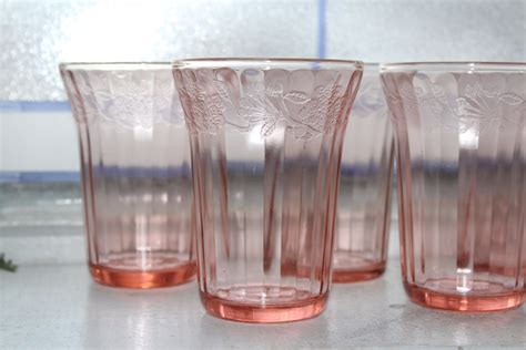 6 pink depression glass tumblers cherry blossom 9 oz vintage 1930s