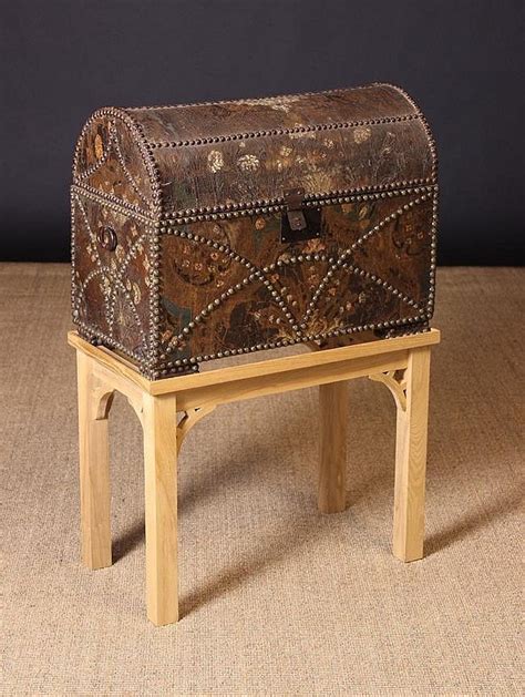 18th Cent Dome Topped Chest Clad In Tooled And Painted Leather With