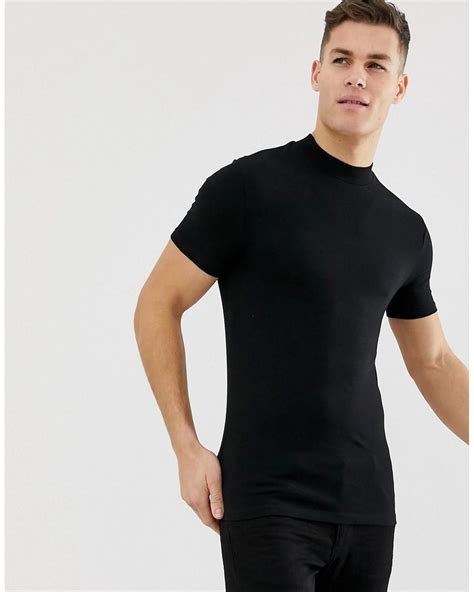 asos organic muscle fit turtleneck t shirt with stretch in black in black for men lyst