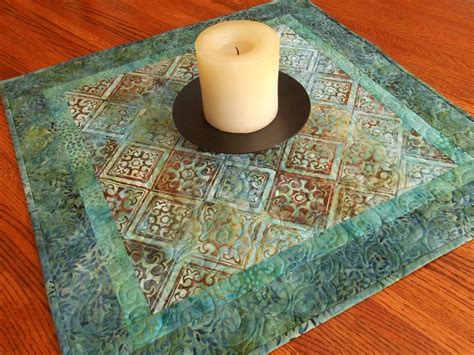 Batik Table Topper In Blues And Greens Quilted Square Table Etsy