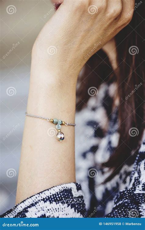 Female Wrist Wearing Tiny Jewelry Bracelet Stock Photo Image Of