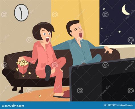 Couple Watching Tv At Home At Night Stock Vector Illustration Of