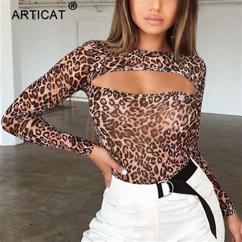 Articat Hollow Out Leopard Print Bodysuit Women Tops Long Sleeve