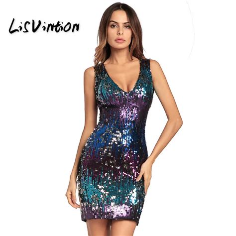 Buy Lisvintion V Neck Sleeveless Sequin Party Dresses Women Sexy Bodycon Mini