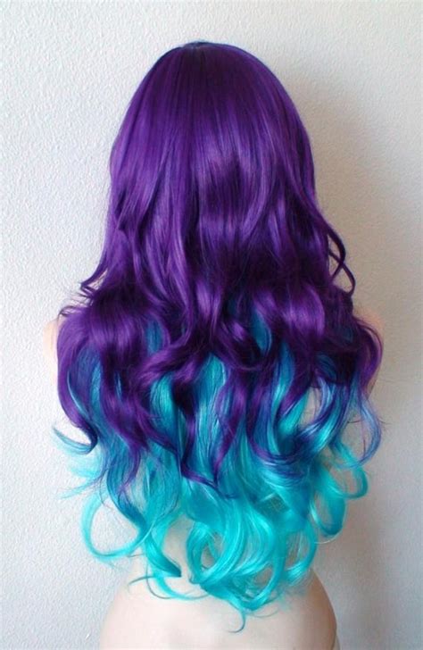 Ombre Wig Teal Blue Deep Purple Wig Long Curly Hair Long
