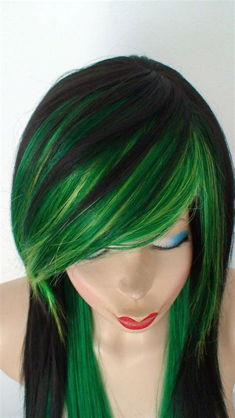 Scene Wig Emo Wig Black Green Wig 28 Straight Layered Hair Side Bangs Wig Heat Friendly