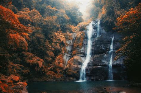 Nature Landscape Waterfall Mist Fall Forest Daylight Orange Leaves Pond Wallpapers Hd