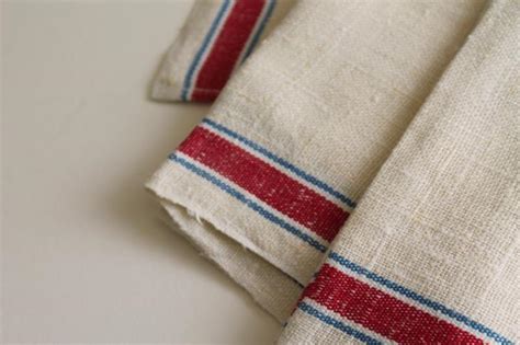 Heavy French Linen Towel Fabric Vintage Red And Blue Striped Kitchen